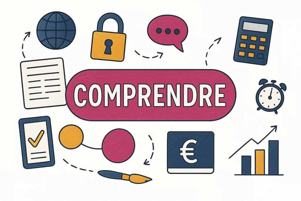 Illustration colorée avec le mot “COMPRENDRE” entouré d’icônes symbolisant la finance, la fiscalité, l’investissement et la gestion de patrimoine.