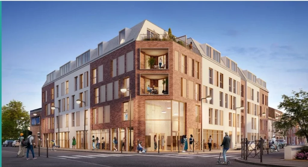 Résidence étudiante Studio 127 à Faches-Thumesnil, aux portes de Lille – façade contemporaine en brique et bois, logements étudiants modernes gérés par Neoresid, investissement locatif à haut potentiel