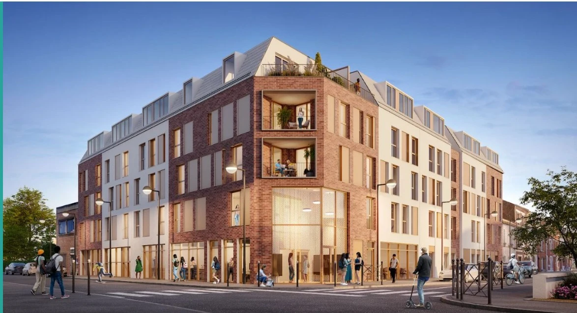 Résidence étudiante Studio 127 à Faches-Thumesnil, aux portes de Lille – façade contemporaine en brique et bois, logements étudiants modernes gérés par Neoresid, investissement locatif à haut potentiel